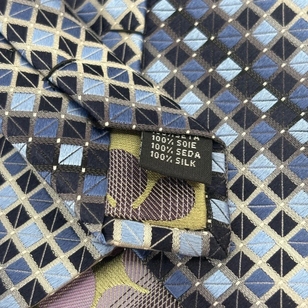 Roberto Villini Tie Mens OS Blue Geometric Diamond 100% Silk Handmade Couture